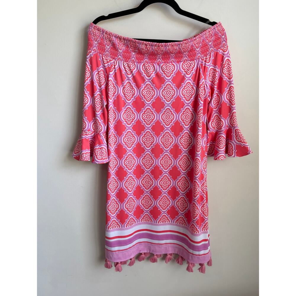 Cabana Life Coral Geo Off Shoulder Coverlux Smocked Mini Dress Pink Womens S NWT - Picture 3 of 13